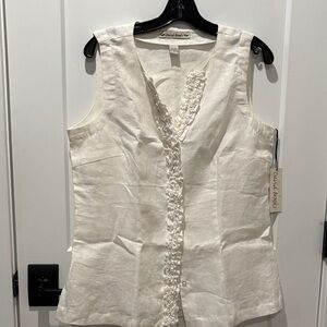 David Brooks Linen Cream Ruffled Sleeveless Blouse
